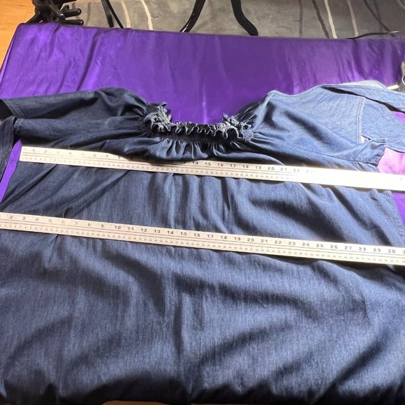 📌Terra & Sky Denim Dress with Smocked Neckline Wear On or Off Shoulders - Picture 9 of 13